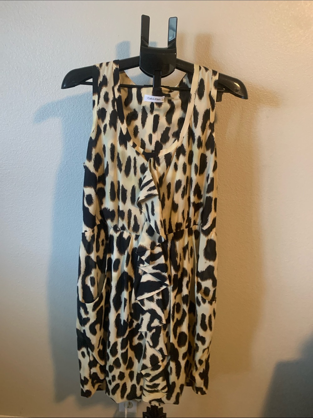 Calvin Klein Black and Cream Leopard-Print Sleeveless Ruffle Dress
